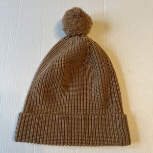 LUXTON Sz L Women's Ribbed 90%Wool 10%Cashmere Pom Pom Beanie Hat Camel NWOT
